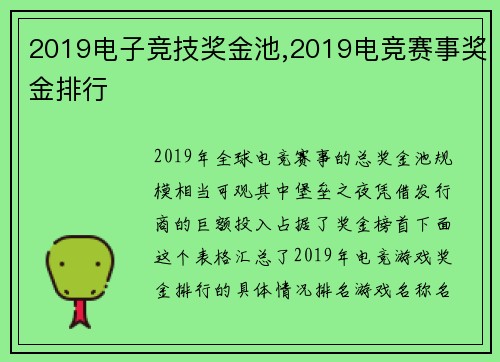 2019电子竞技奖金池,2019电竞赛事奖金排行