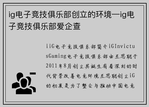 ig电子竞技俱乐部创立的环境—ig电子竞技俱乐部爱企查